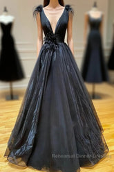 A Line Black V Neck Tulle Long Semi Formal Prom Dress